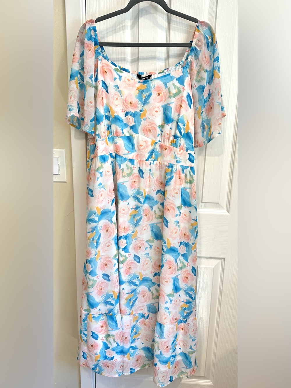 BloomChic Watercolor Floral Midi Dress 2X | Blue Pink Flutter Sleeve Cottagecore - Picture 4 of 8